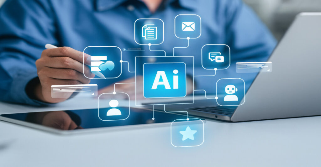 Professional illustration showing top AI tools and digital dashboards used for productivity and automation in 2025.