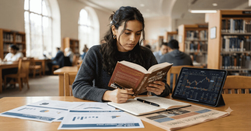 Beginner learning stock market investing by reviewing investment books, financial reports, and a tablet with market data.