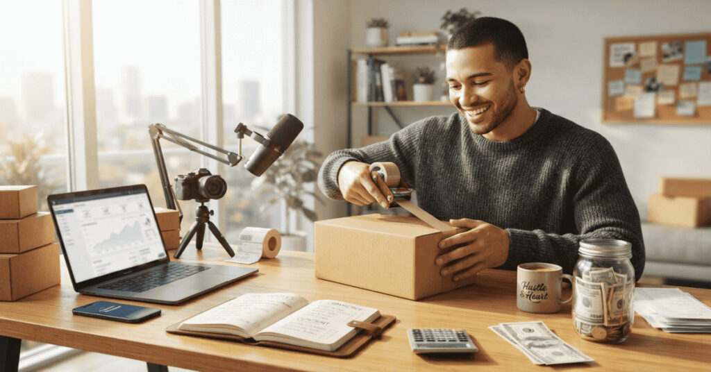 Young entrepreneur managing multiple side hustles by packing online orders while tracking income and sales from a home office.
