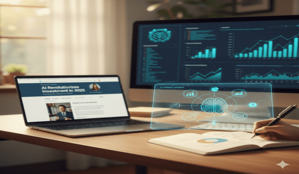 A professional desk setup with a laptop showing an article titled "AI Revolutionizes Investment in 2025" and a desktop monitor displaying financial charts. A person's hand is writing in a notebook next to a holographic interface showing a brain icon connected to investment, analytics, and dollar symbols, representing AI Fintech advice.