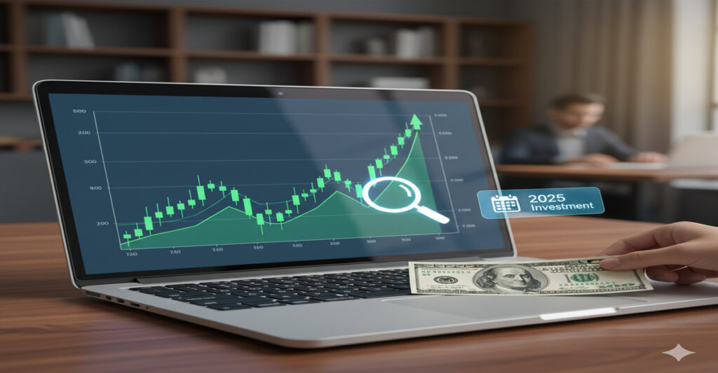 Hand placing a $100 bill near a laptop displaying an upward-trending financial chart with a magnifying glass and a '2025 Investment' icon.