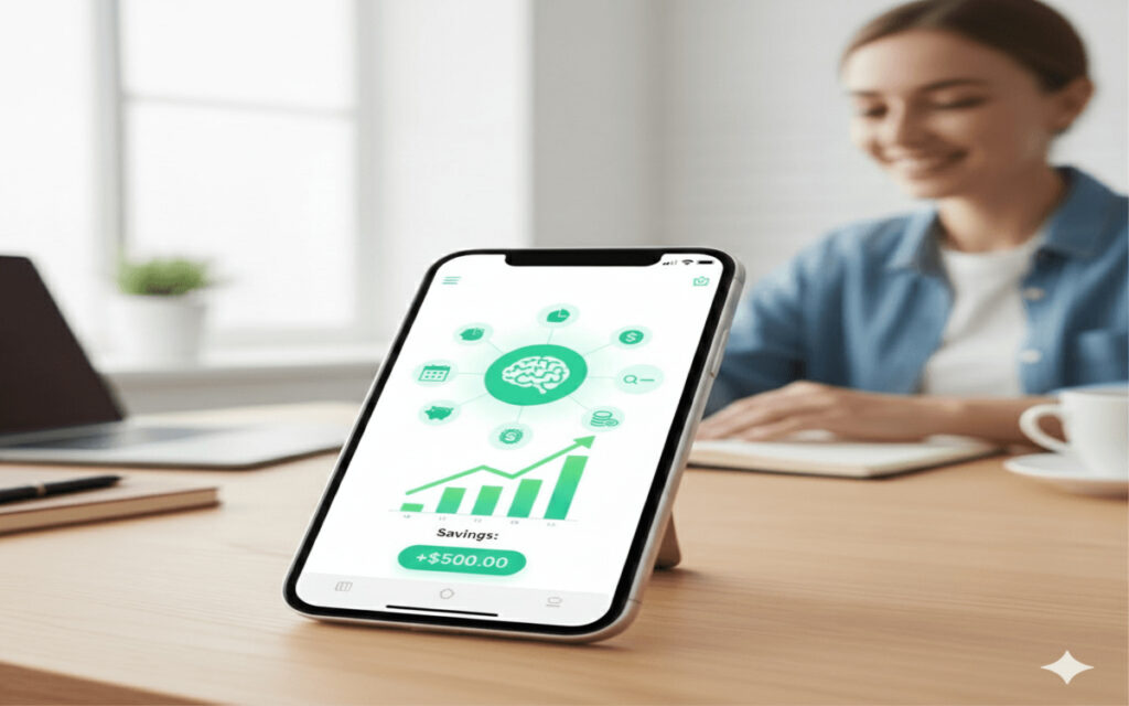 Smartphone showing an AI-powered expense app with a green savings graph and money icons.