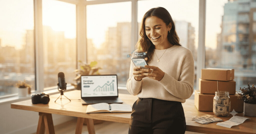 Young entrepreneur checking passive income earnings on a smartphone while automated online business tools generate income in the background.
