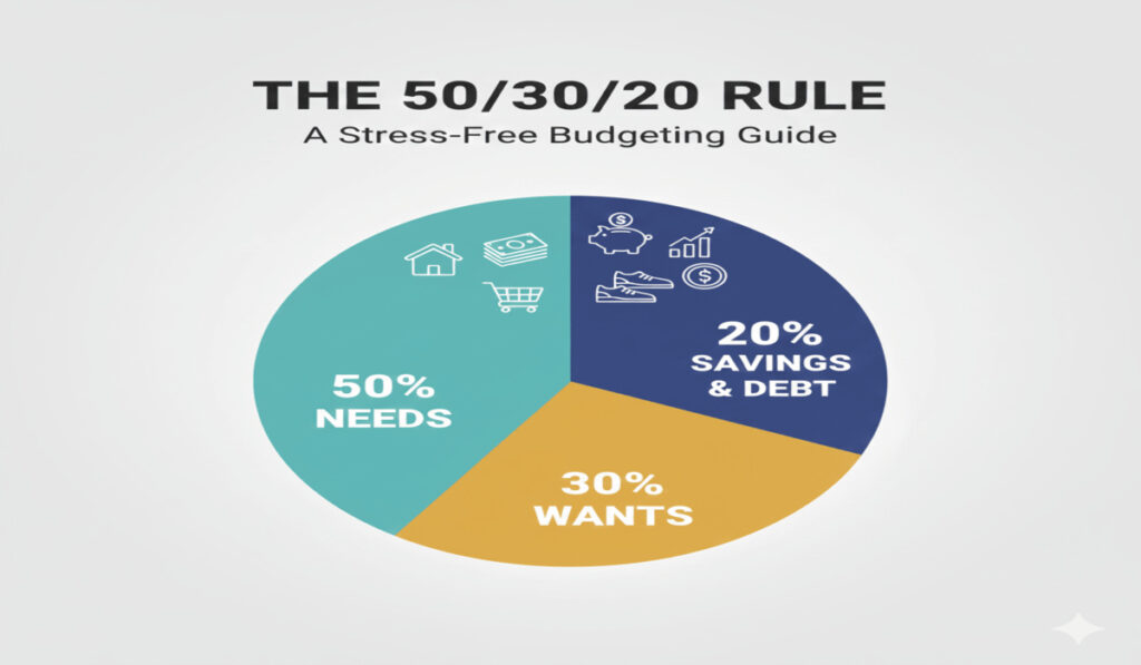50/30/20 Budgeting Rule pie chart showing 50% Needs, 30% Wants, and 20% Savings & Debt