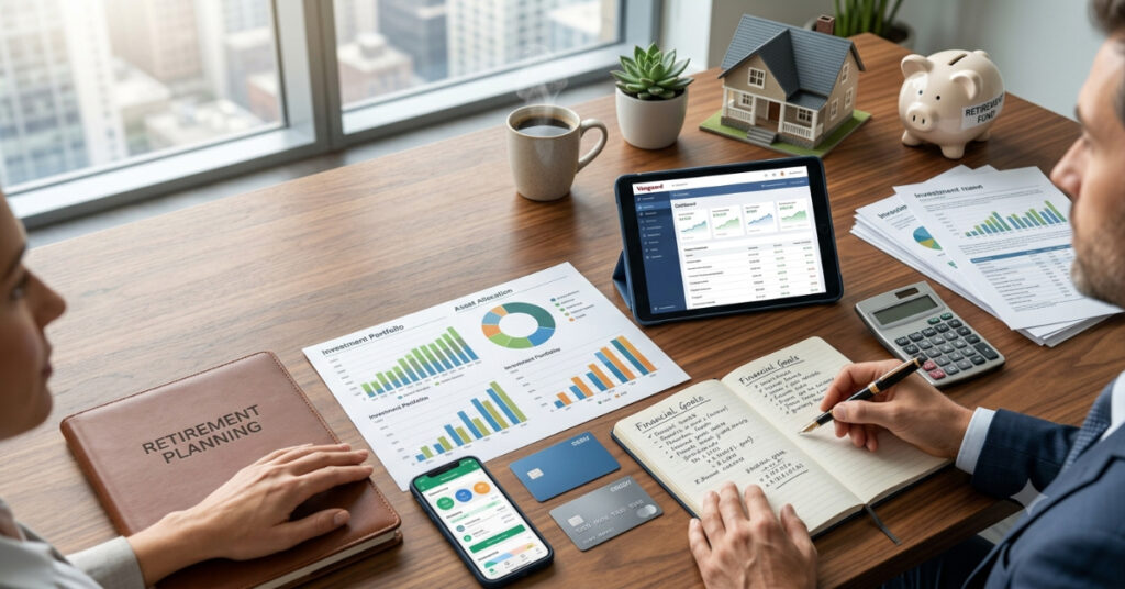 Financial planning consultation with investment documents, calculator, tablet, and budgeting tools in a professional advisor's office.
