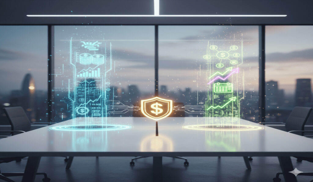 A glowing digital shield with a dollar sign at its center, dividing two distinct holographic financial displays: one (left) showing stacked coins and graphs for immediate transactions, and the other (right) showing a calendar and growth charts for long-term planning, set in a modern office
