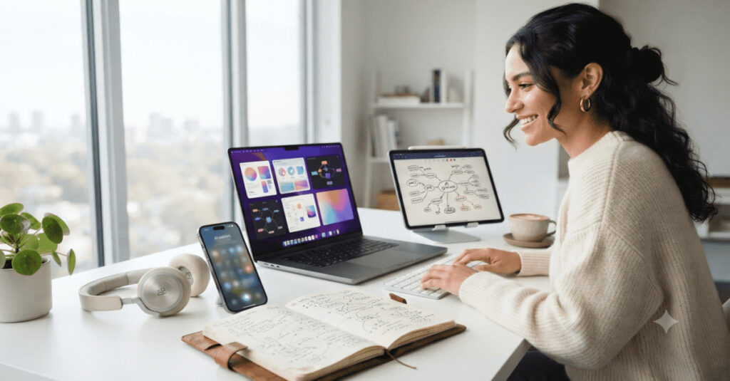 Creative professional using AI productivity tools across a laptop, tablet, and smartphone in a bright modern workspace.