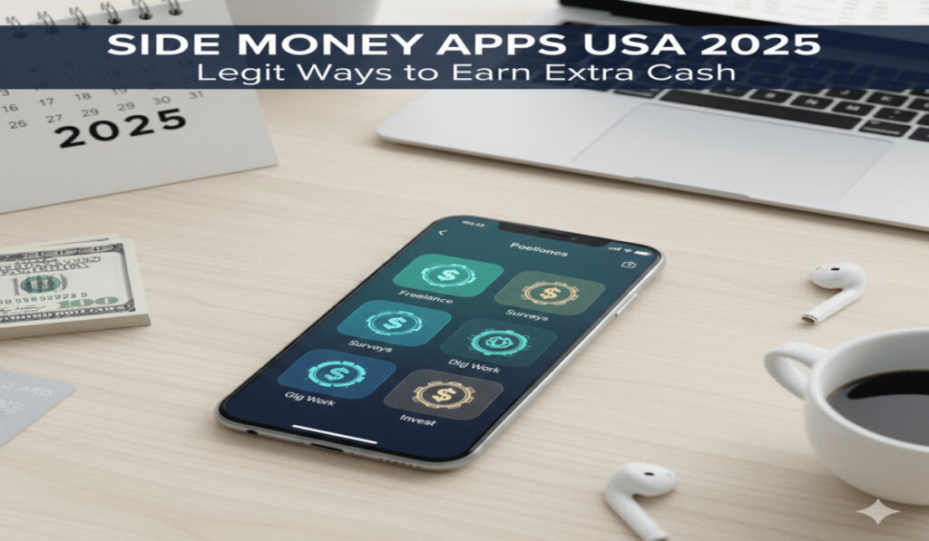 Smartphone displaying apps for freelance, surveys, gig work, and investing on a desk with a 2025 calendar and cash.