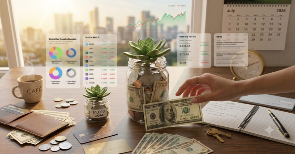 A single U.S. $100 bill beside a glass jar with growing plant and investment charts in the background, symbolizing starting to invest with a small amount of money.