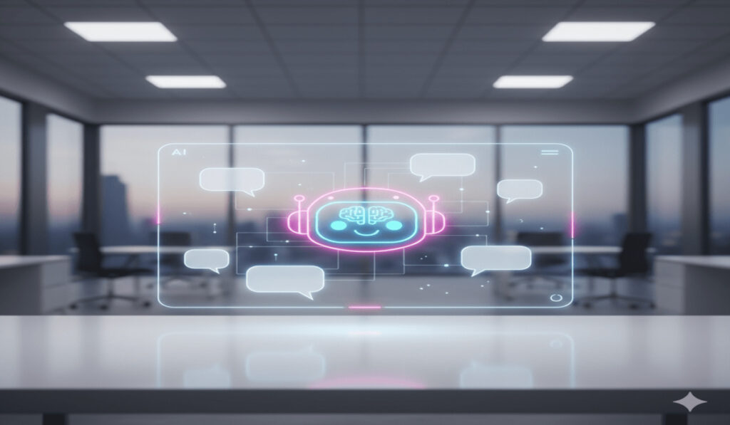 A friendly, glowing pink and blue robot head icon, representing an AI chatbot, centered on a transparent digital screen surrounded by multiple blank chat bubbles in a bright, modern office setting.