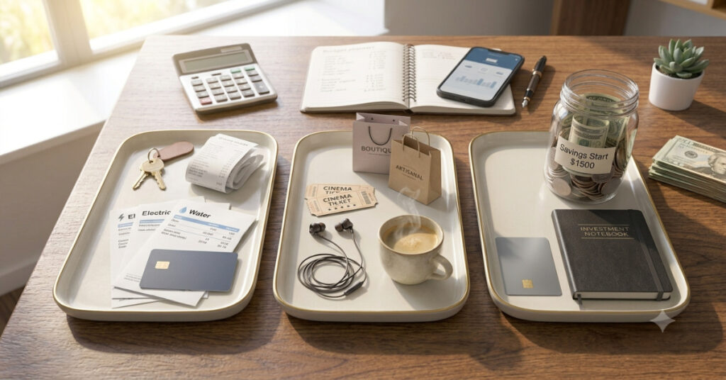 Budget planning workspace with three financial categories represented by everyday spending items, savings tools, and budgeting essentials.