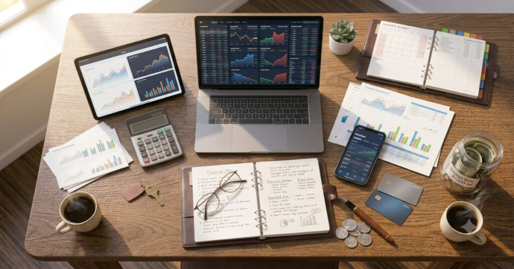 Modern investment workspace with a laptop displaying a generic stock market dashboard, tablet, smartphone, financial reports, and investment planning tools.