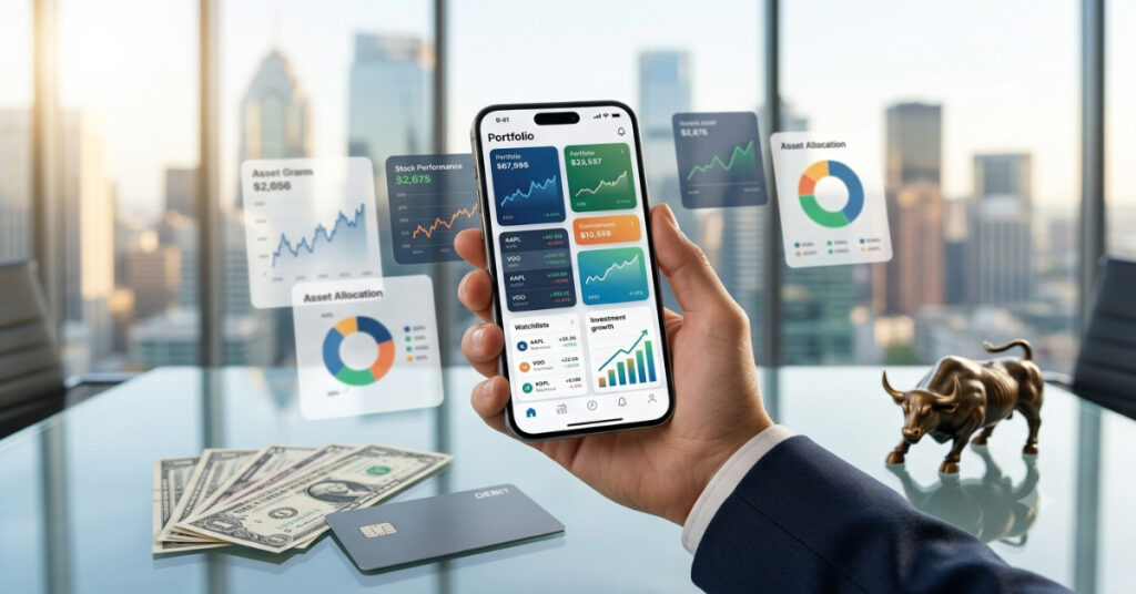 Hand holding a smartphone with a generic investment app interface showing portfolio charts and market analytics for commission-free investing.
