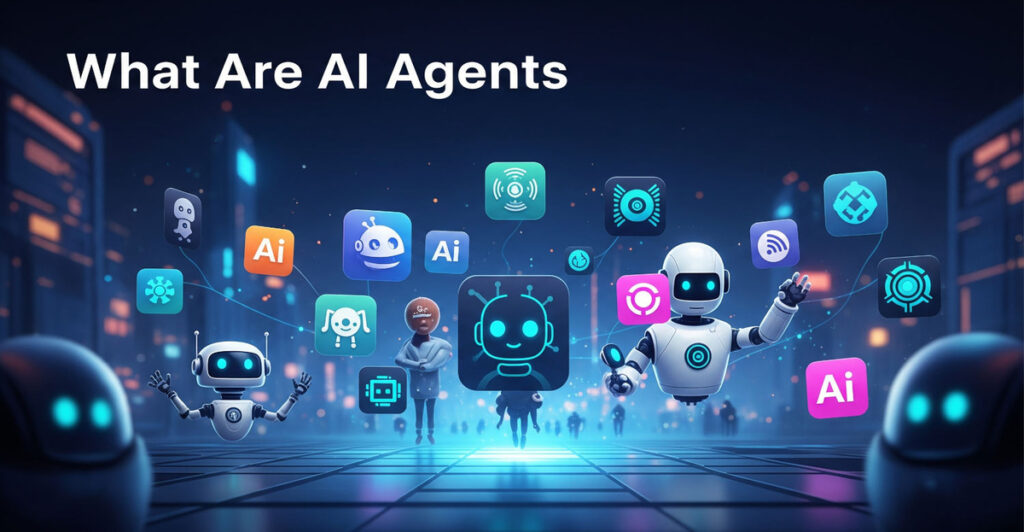 Illustration of AI agents and robots interacting with digital tools and icons in a futuristic environment