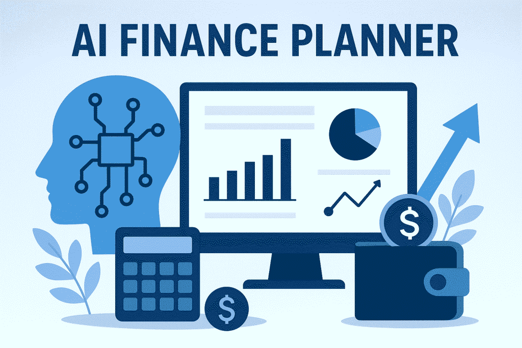 Illustration showing AI finance planner concept with a human head and circuit board, financial dashboard, calculator, money wallet, and growth charts