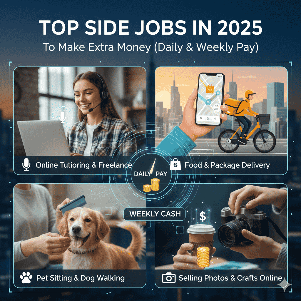 Top side jobs in 2025 including tutoring, freelance work, food delivery, pet sitting, dog walking, and selling photos online
