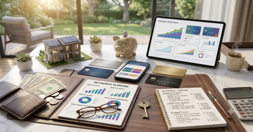 Retirement planning workspace with investment documents, calculator, savings tools, house model, and financial planning essentials.