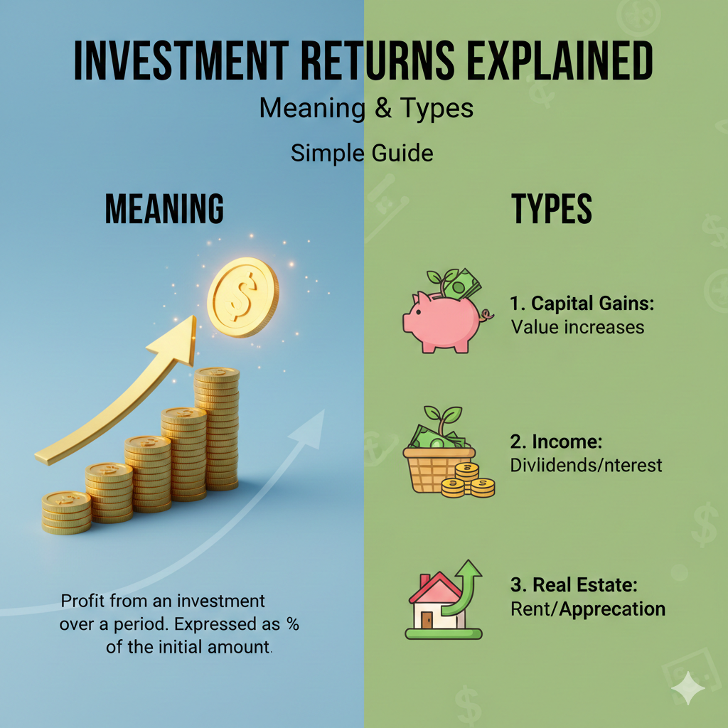 An educational infographic titled "Investment Returns Explained: Meaning & Types" split into two vertical sections: "Meaning" on a blue background and "Types" on a green background.