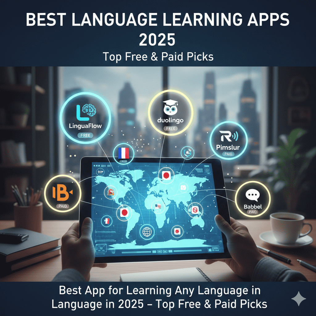 Best language learning apps 2025 graphic: Duolingo, LinguaFlow, Pimsleur, Babbel, and other top free and paid picks shown on a tablet's world map interface