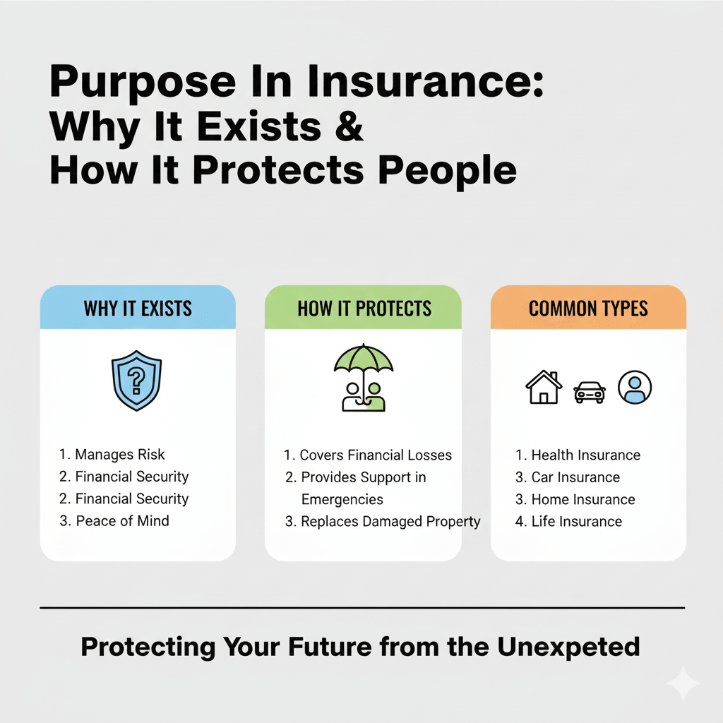 An infographic detailing the purpose of insurance, including sections on why it exists, how it provides protection, and listing common policy types.