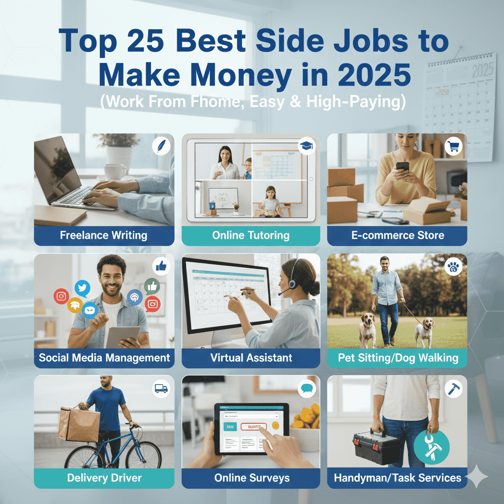 Graphic showing the top 25 best side jobs to make money in 2025, including freelance writing, online tutoring, e-commerce store, social media management, virtual assistant, pet sitting, delivery driver, online surveys, and handyman services.