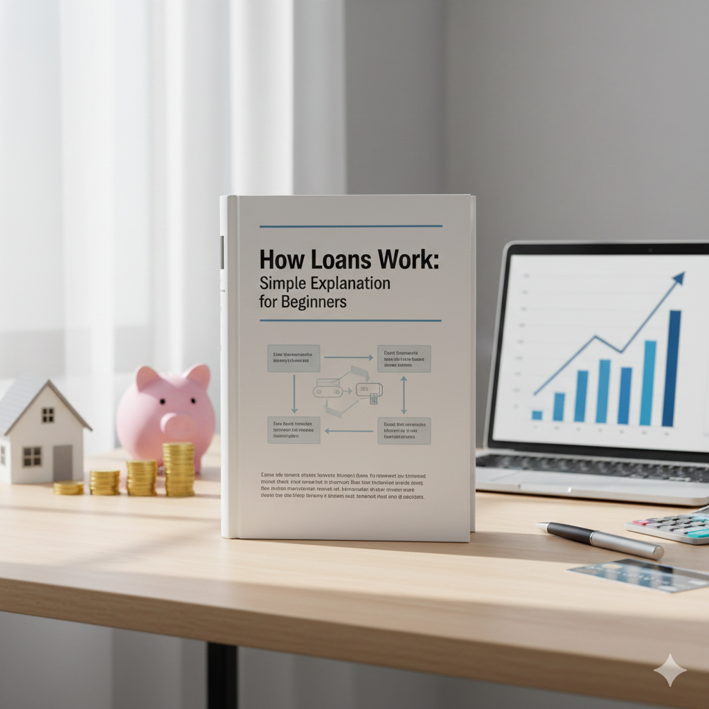 A professional, forward-facing book titled "How Loans Work: Simple Explanation for Beginners" on a minimalist wooden desk with a laptop showing a rising growth chart and financial planning items.