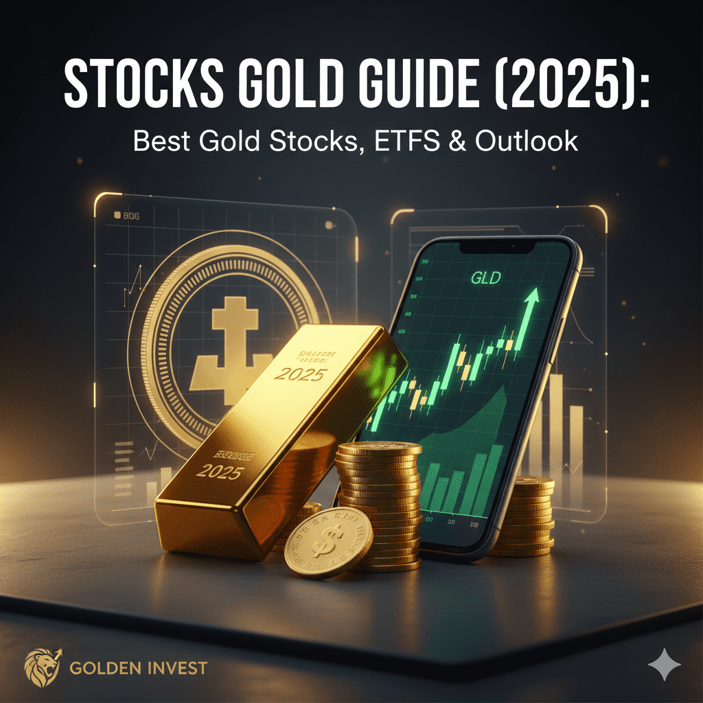 stocks gold guide 2025 showing gold bars, gold stocks chart, and ETFs performance