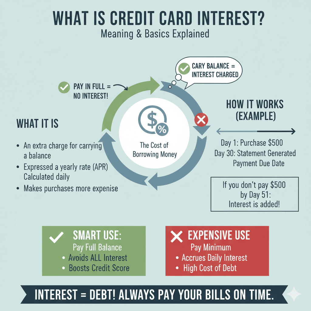 An infographic explaining credit card interest as an extra charge for not paying a balance in full. It uses a cycle diagram to show that paying in full equals no interest, while carrying a balance triggers daily interest charges based on the APR.