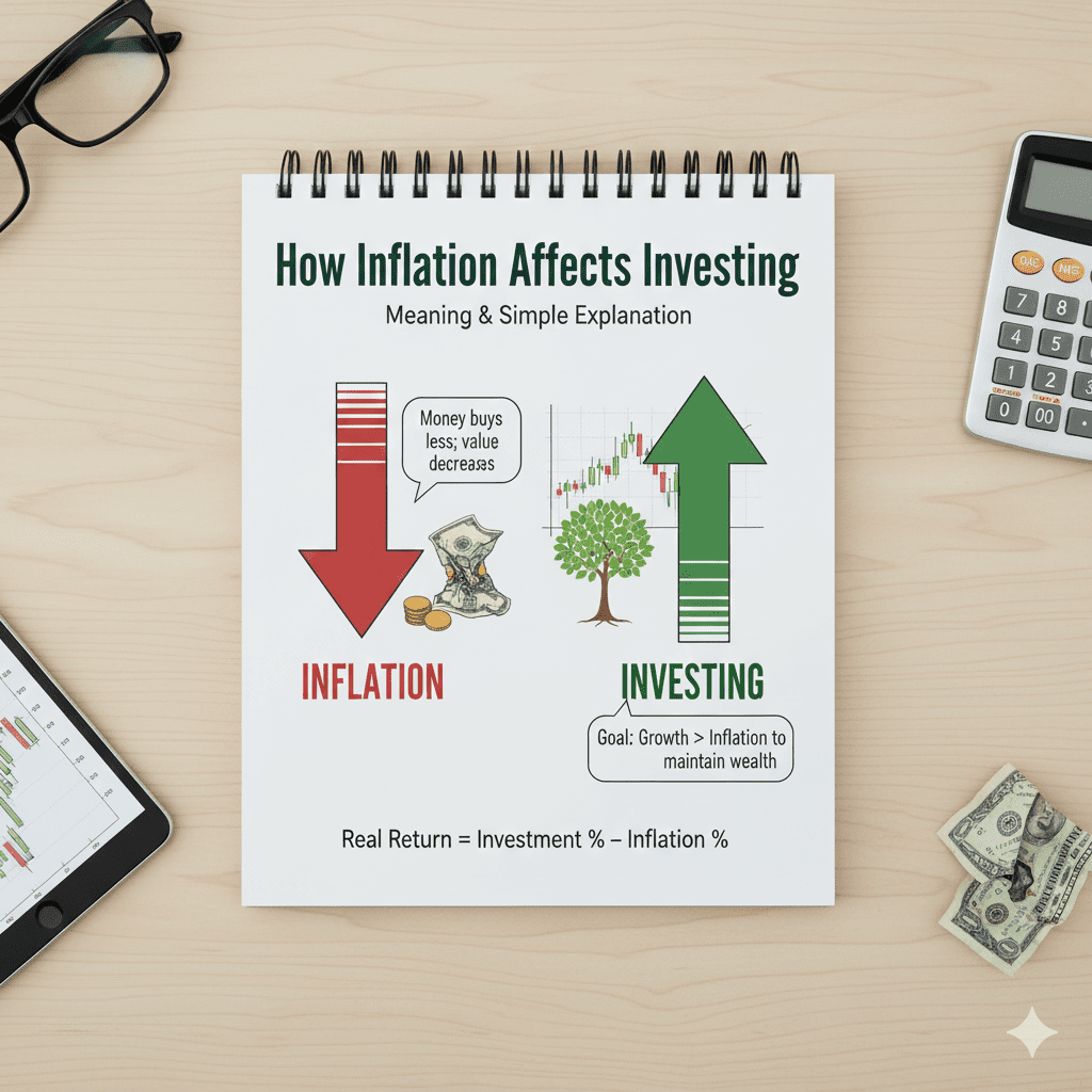 A notebook diagram illustrating how inflation reduces money's value while investing seeks growth to maintain wealth.