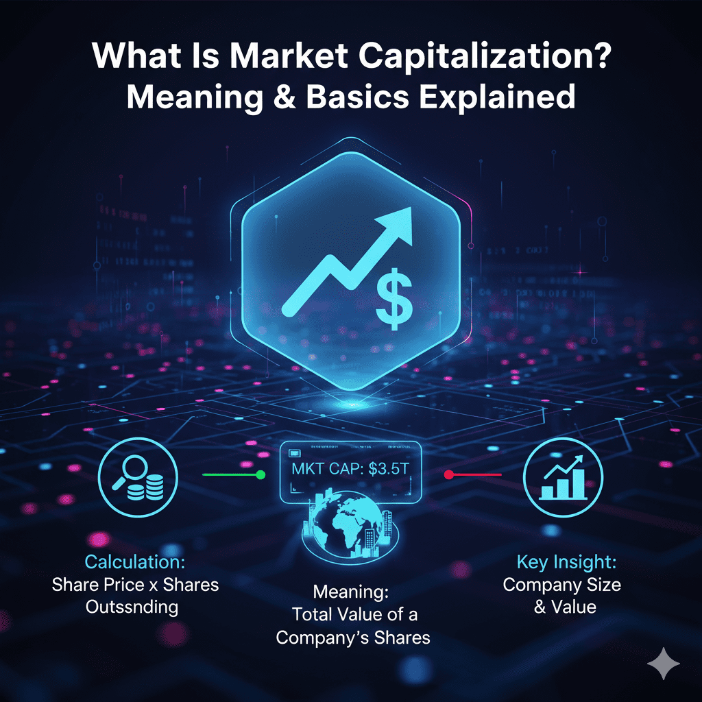 An infographic showing the market cap formula as share price multiplied by outstanding shares.