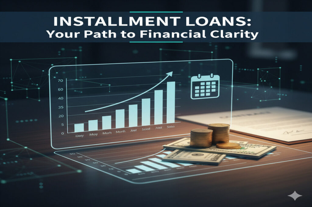 A man reviewing installment loan documents and payment schedule on a tablet or laptop.