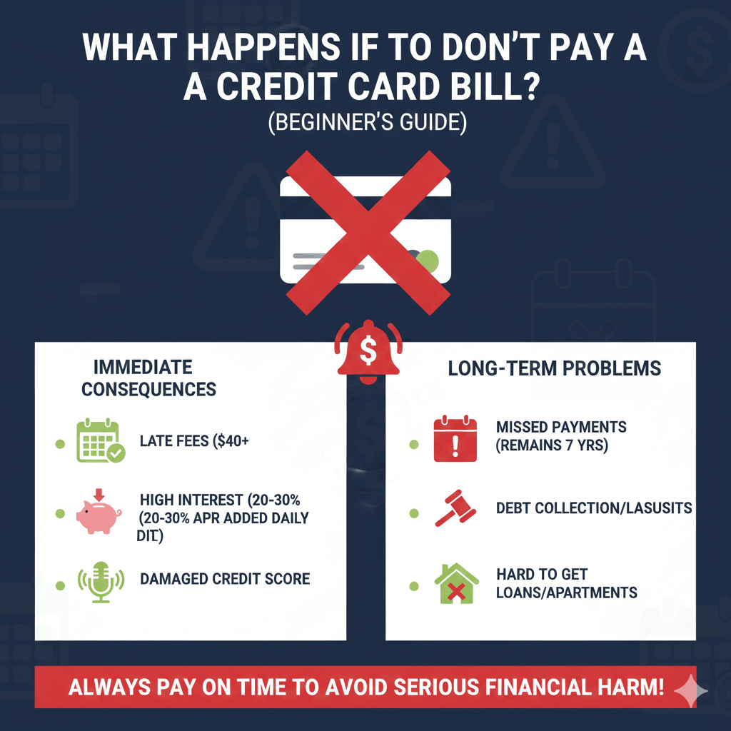 An infographic detailing the risks of missing a credit card payment. It lists immediate consequences like late fees and high interest, and long-term problems such as damaged credit scores, debt collection, and difficulty securing future loans or apartments.