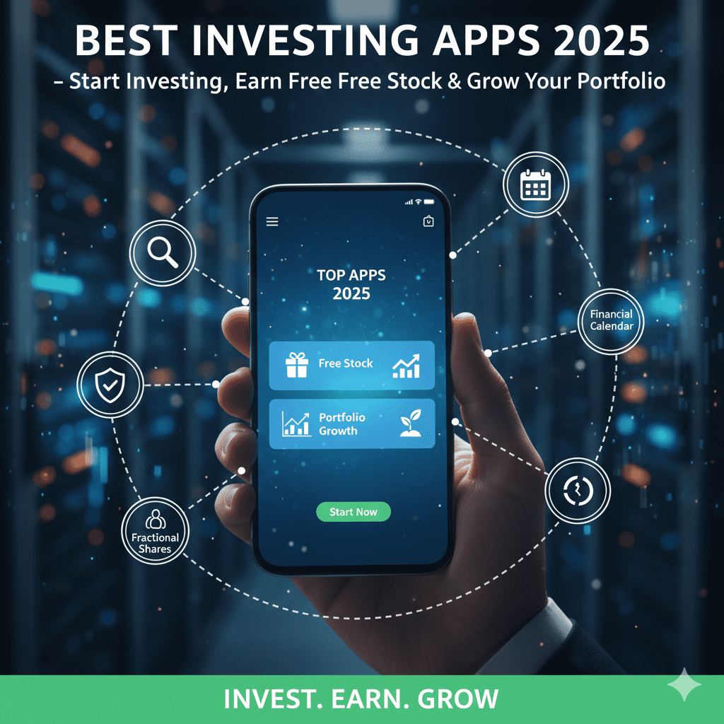 A professional, dark-themed image showing multiple smartphones with different investment app screens layered in 3D perspective, displaying stock charts, trade interfaces, and growth arrows. The visual represents a complete guide to the "Best Investing Apps 2025" for growing a portfolio and earning free stock.