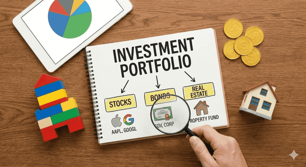 A top-down view of a notebook labeled "INVESTMENT PORTFOLIO" categorizing assets into Stocks, Bonds, and Real Estate.