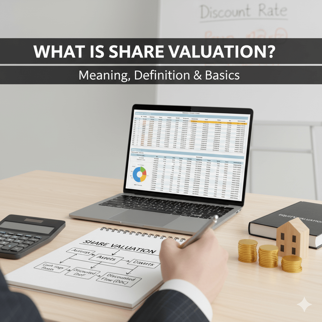 A person drawing a share valuation flowchart involving assets and discounted cash flow (DCF) next to a financial laptop.