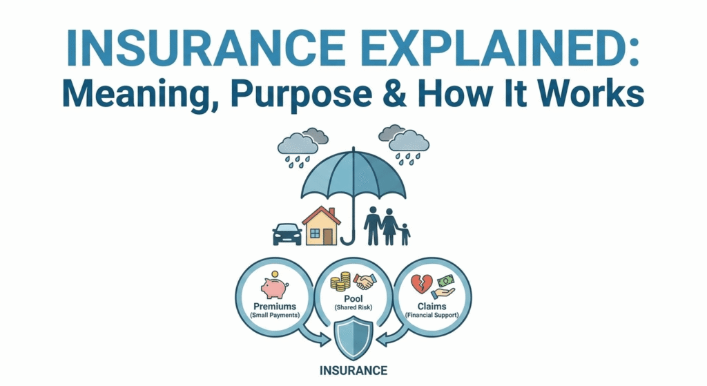 Infographic titled "Insurance Explained" showing an umbrella protecting a house, car, and family, with diagrams for premiums, shared risk, and claims