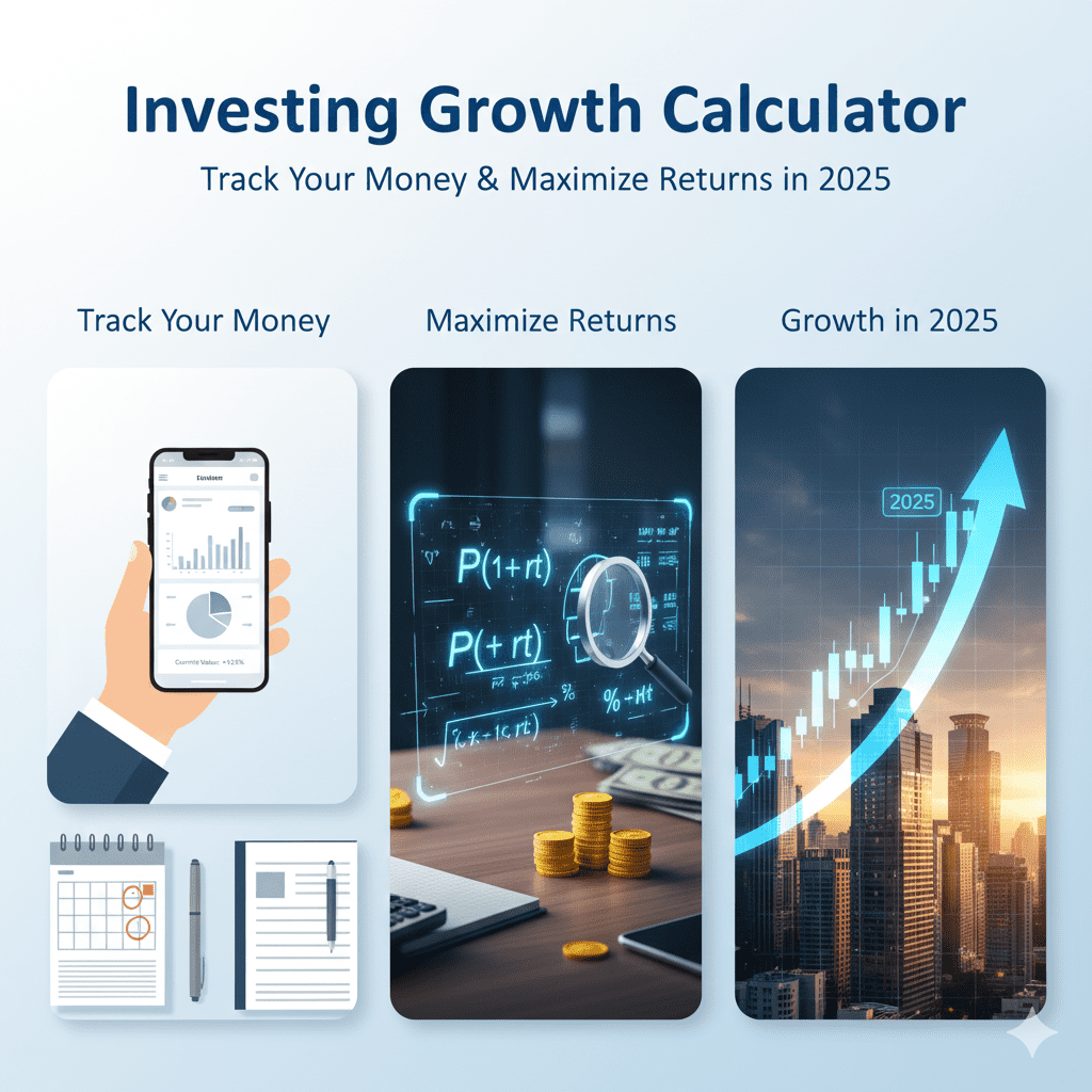 Investment growth calculator showing money tracking, compound interest formulas, and 2025 portfolio growth chart.