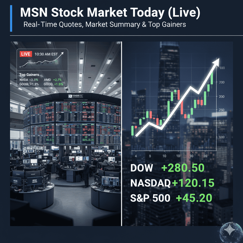 MSN Stock Market Today live real-time quotes with top gainers and market summary including Dow, Nasdaq and S&P 500 performance.