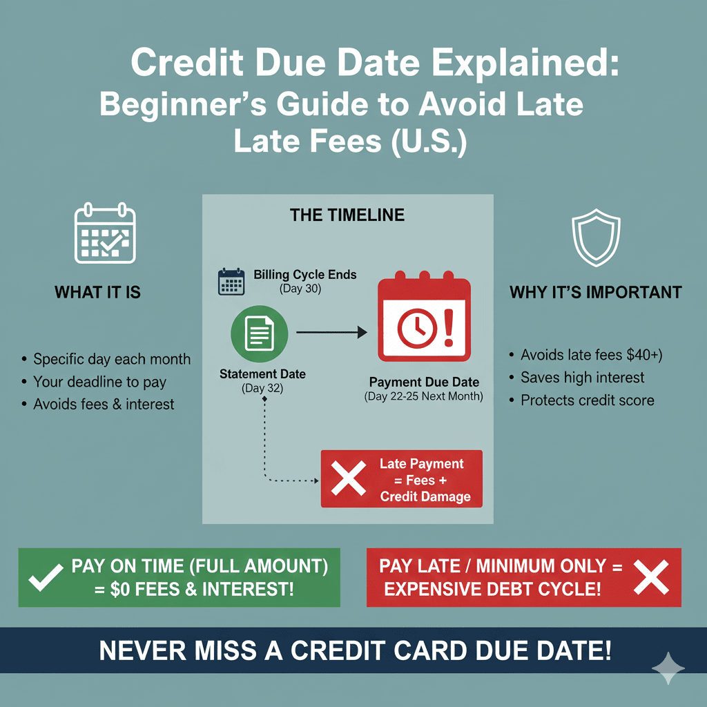 An infographic illustrating the timeline of a credit card due date. It shows a billing cycle ending on Day 30, a statement generated on Day 32, and the final payment due date occurring 22–25 days into the next month. It highlights that paying in full on time results in $0 fees and interest.