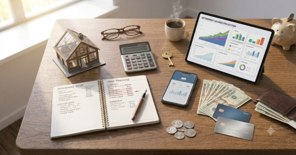 Retirement calculator, investment dashboard, savings worksheet, and financial planning tools used to estimate retirement savings needs.