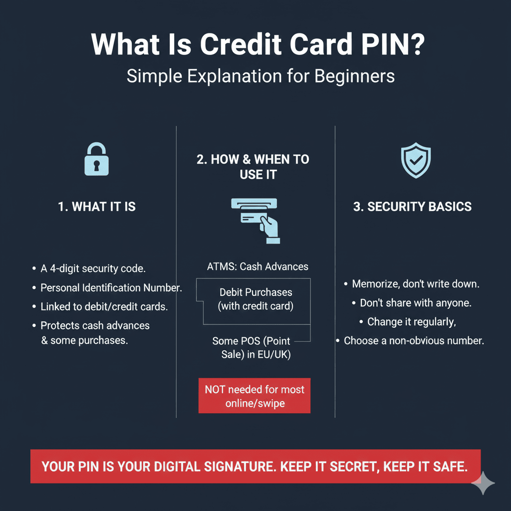 An infographic titled "What Is a Credit Card PIN?" with three key sections: 1. What It Is (a 4-digit code), 2. How & When to Use It (ATMs and some global purchases), and 3. Security Basics (keeping it secret). It features icons of a lock, a hand inserting a card into a reader, and a shield.