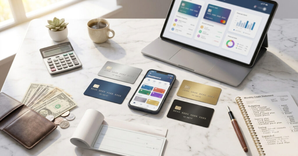 Modern checking account comparison setup featuring generic debit cards, smartphone banking app, checkbook, wallet, and financial planning tools.