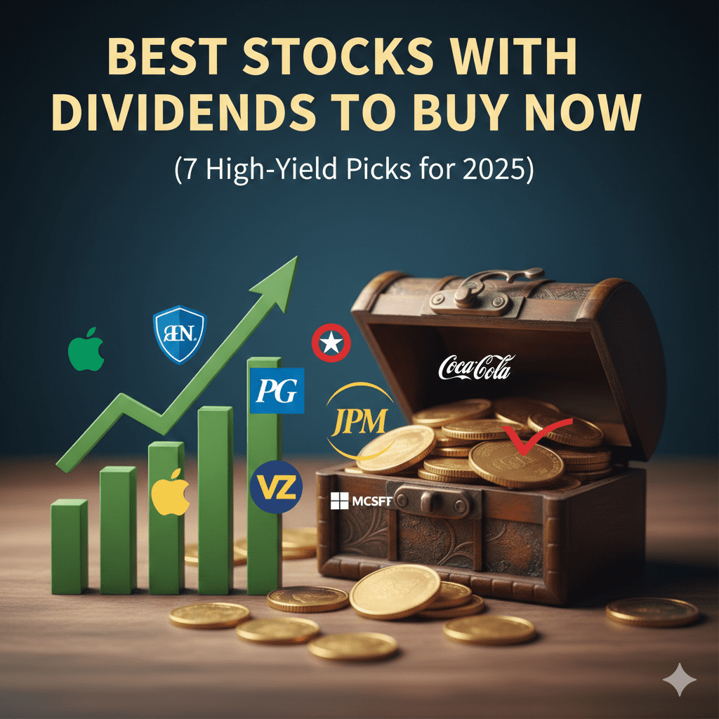 Image showing a treasure chest filled with gold coins and stock market growth bars with various company logos, representing the best dividend stocks to buy in 2025