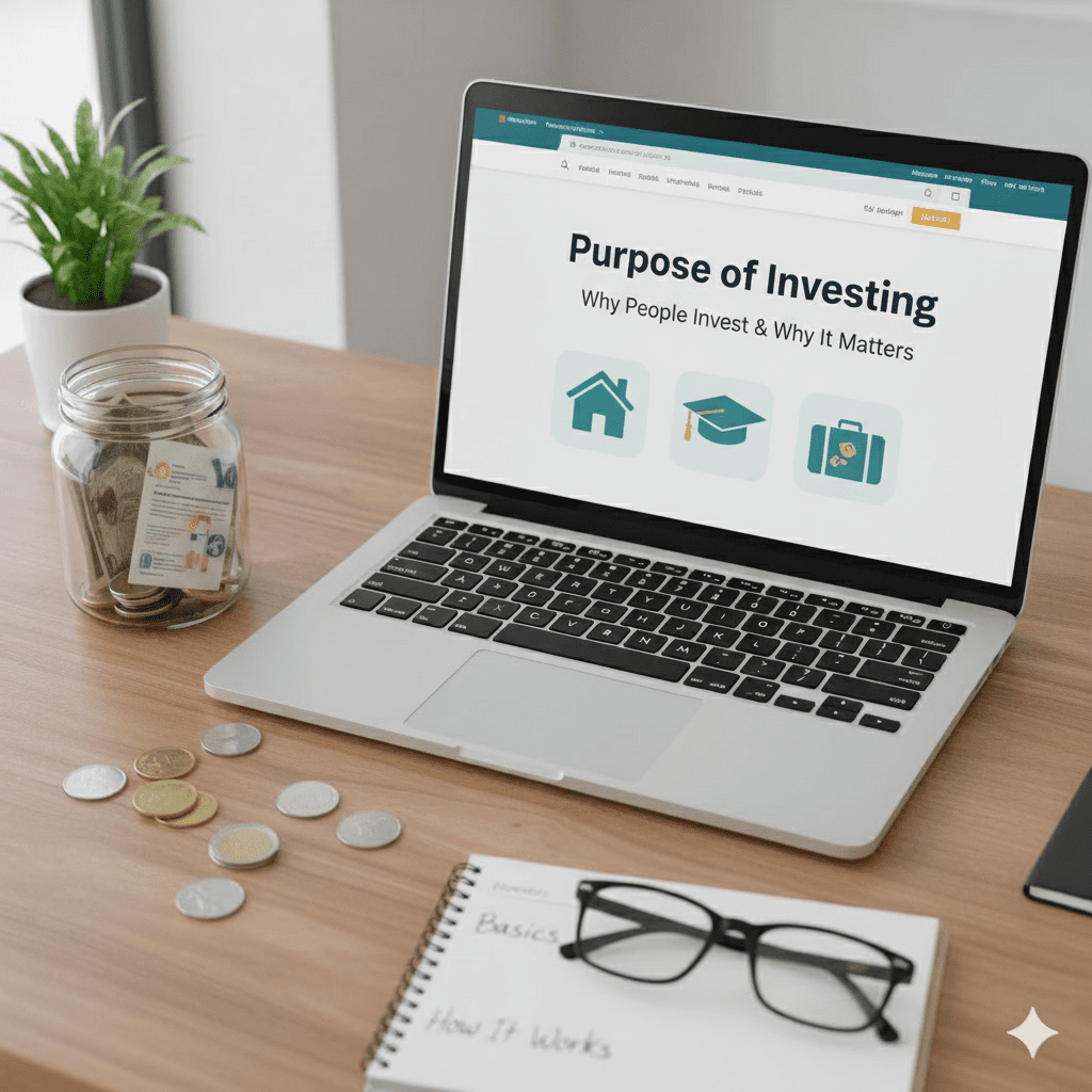 Laptop screen showing "Purpose of Investing" with icons for homeownership, education, and travel, set on a bright wooden desk.