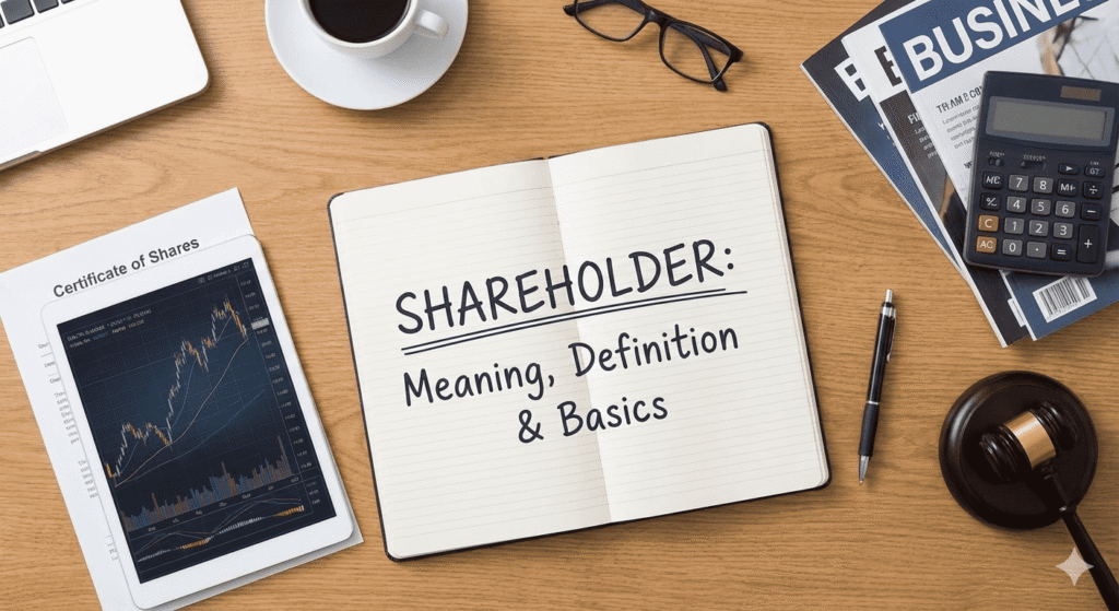 A notebook with the text "SHAREHOLDER: Meaning, Definition & Basics" on a desk with a "Certificate of Shares" and a stock market chart.