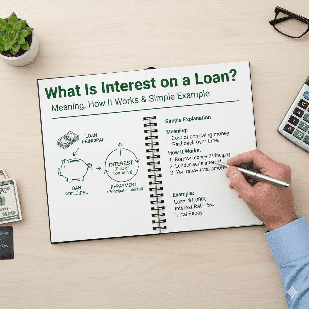 A notebook titled "What is Interest on a Loan?" showing a simple interest formula and a growing bar chart of total repayment costs on a wooden desk.