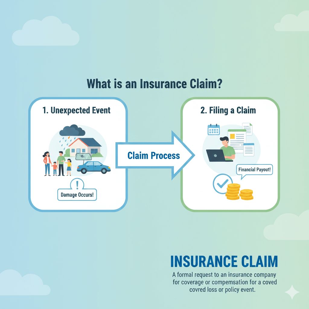 A two-step infographic titled "What is an Insurance Claim?" showing an unexpected event leading to a financial payout.