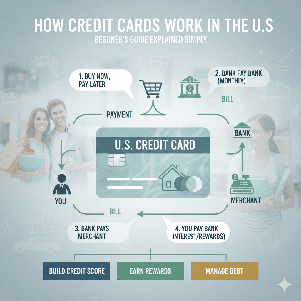 An infographic illustrating the 4-step cycle of using a U.S. credit card: buying from a merchant, the bank paying the merchant, the user receiving a bill, and the user paying the bank back to build credit and earn rewards.
