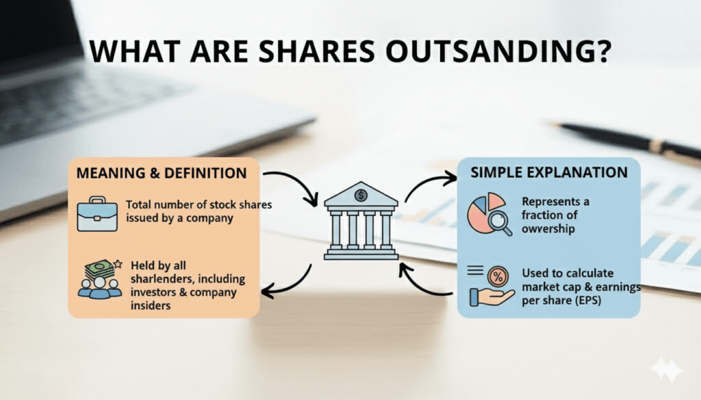 An infographic titled "Shares Outstanding Explained" showing the relationship between authorized shares, issued shares, treasury shares, and outstanding shares.