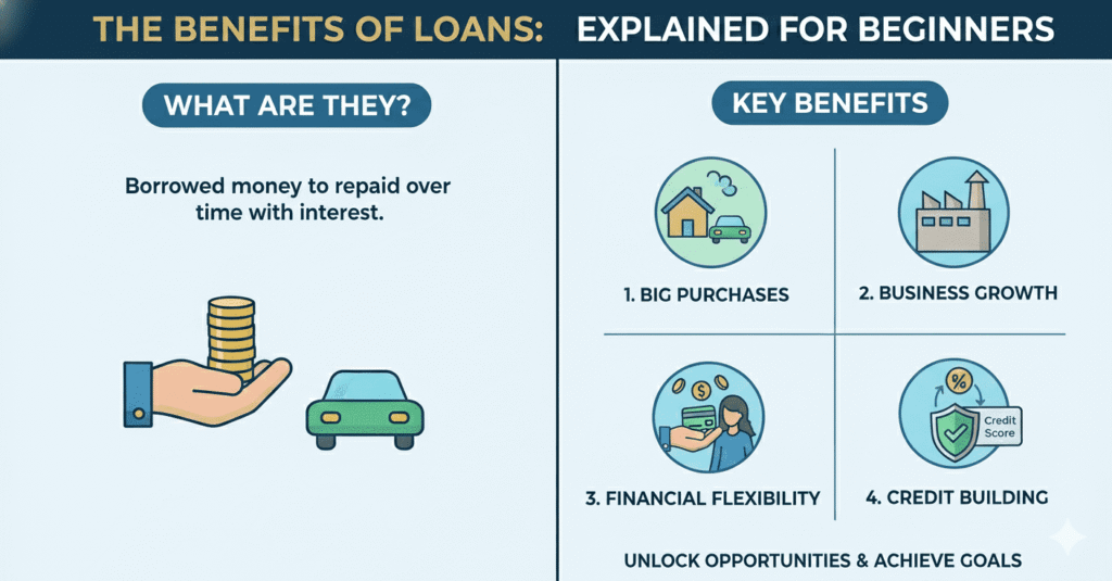 An educational infographic about loans. The left side defines a loan as borrowed money repaid over time with interest. The right side lists four key benefits: big purchases (house/car), business growth (factory), financial flexibility (credit card), and credit building (credit score shield).